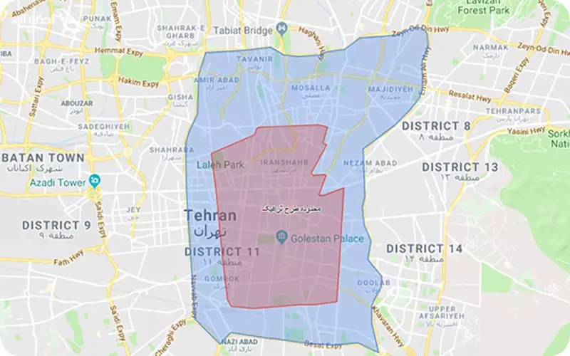 محدوده طرح ترافیک در خیابان ولیعصر