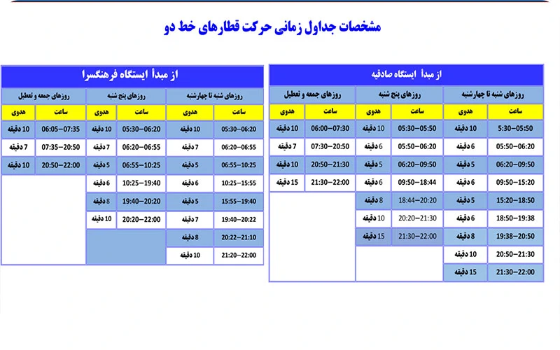 ساعت کاری خط 2 مترو تهران ساعت کاری خط 2 مترو تهران؛ صادقیه - فرهنگسرا