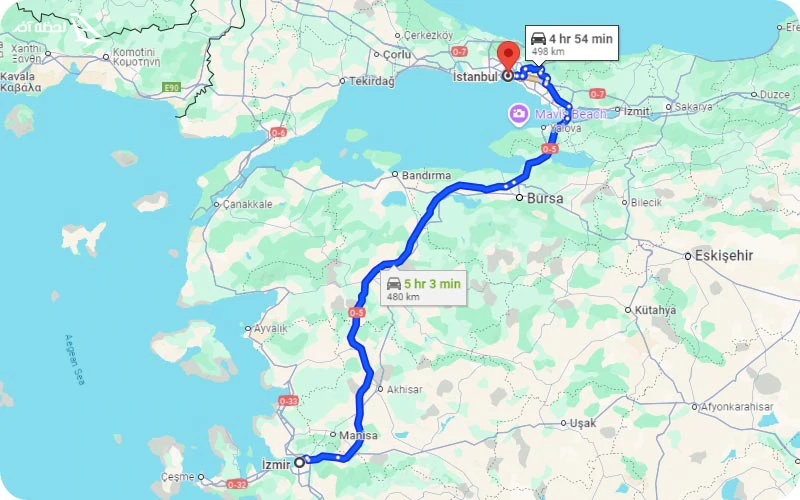 فاصله ازمیر تا استانبول روی نقشه فاصله ازمیر تا استانبول