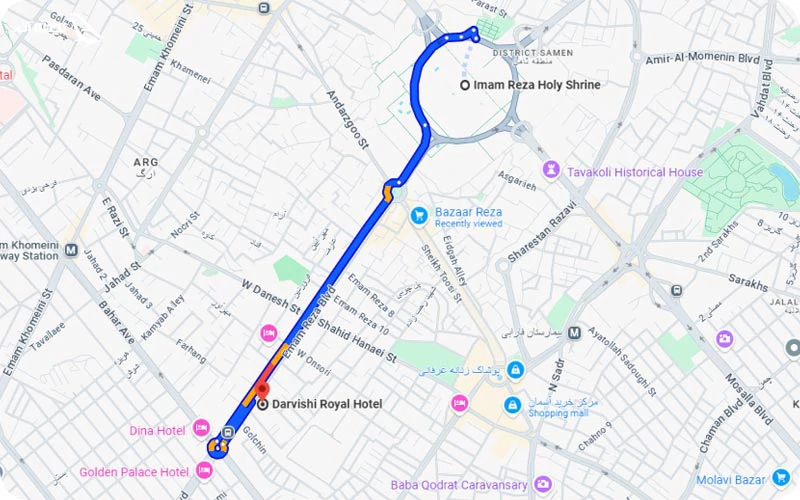 فاصله هتل درویشی با حرم