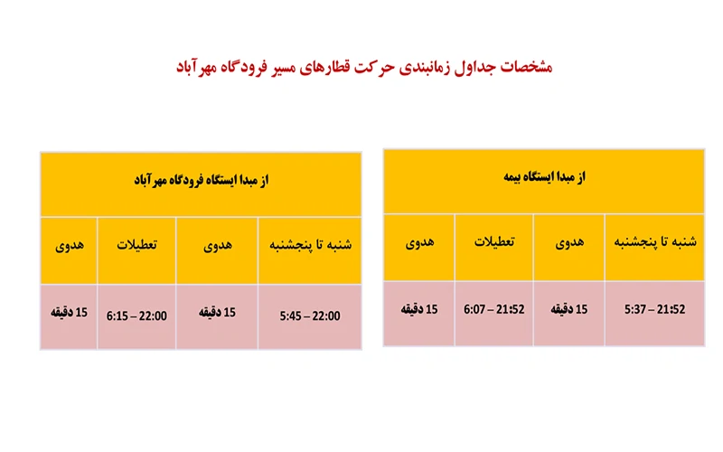 ساعت کاری خط انشعابی فرودگاه مهرآباد ساعت کاری خط انشعابی فرودگاه مهرآباد؛ بیمه – فرودگاه مهرآباد