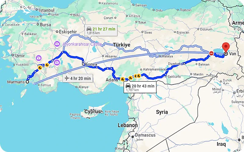 فاصله وان تا مارماریس فاصله وان تا مارماریس
