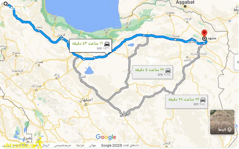 فاصله مشهد تا تبریز