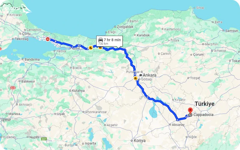 فاصله کاپادوکیا تا استانبول