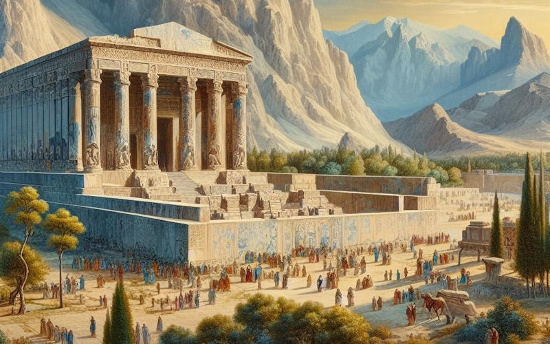 تخت جمشید پر از مردم در زمان باستان (AI)